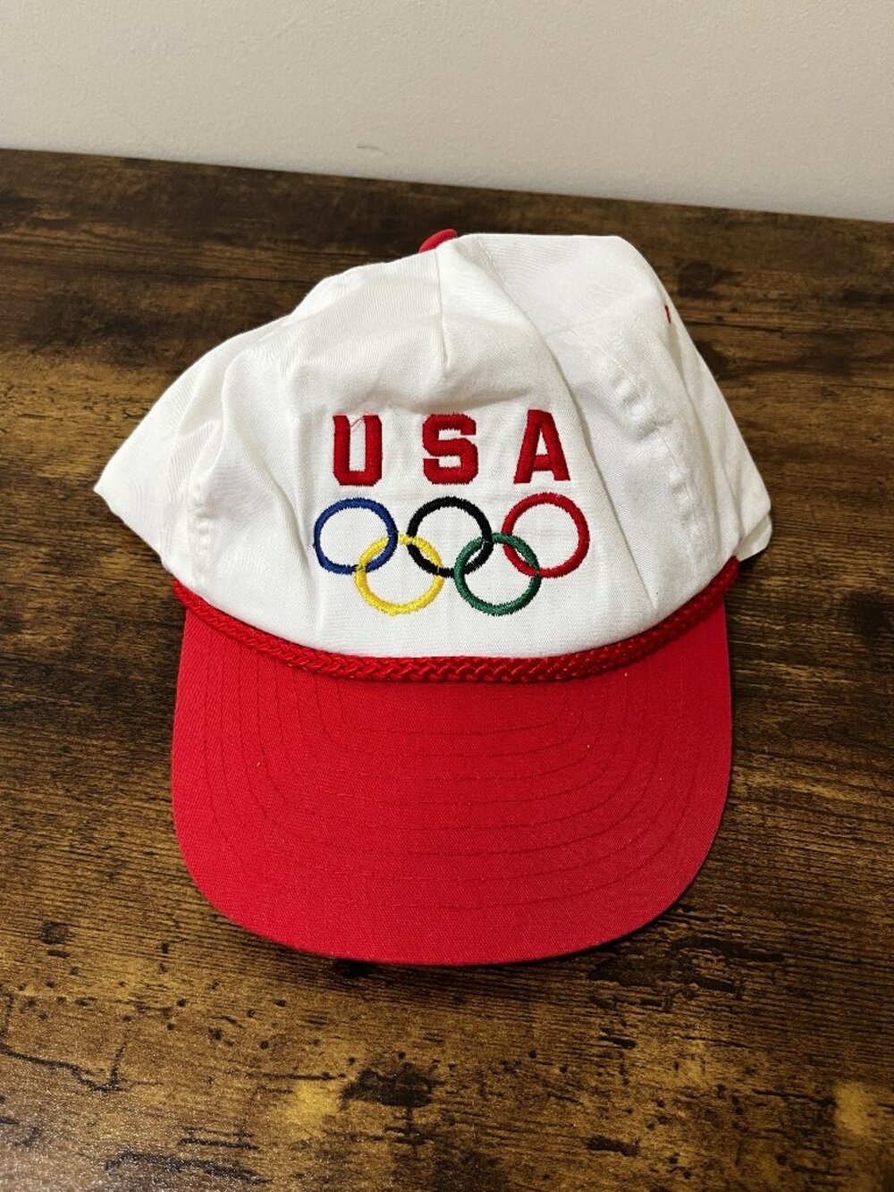 Vintage USA Olympics Snapback Hat White Red Embroidered Rings Nissin Cap OSFA